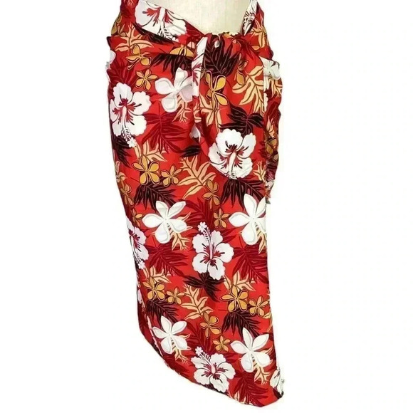 Vintage HIBISCUS COLLECTION HAWAII Wrap Scarf Sarong Red Floral Fringe Beach - Picture 5 of 7